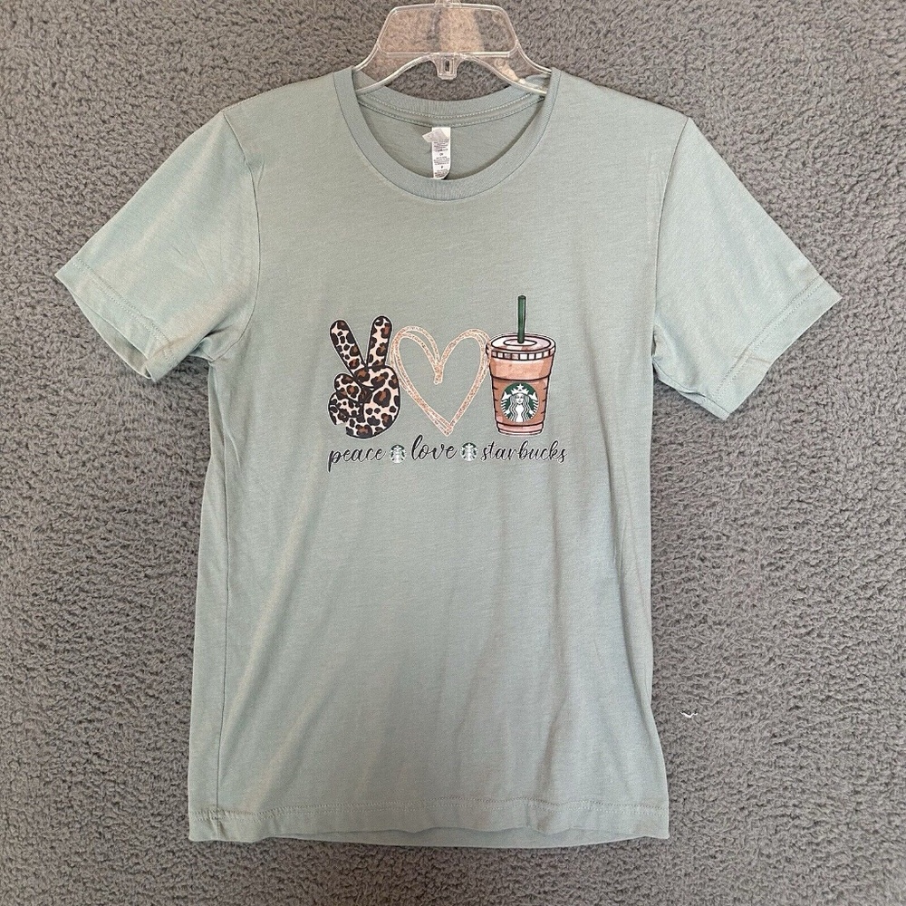 Peace Love Starbucks Womens Shirt Top Green Size S Small Graphic Tee
